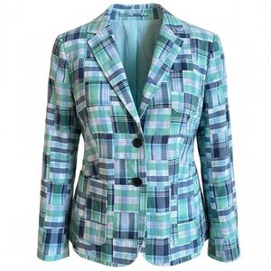 Talbots Blue Green Patchwork Plaid Cotton Blazer Jacket Women's Size 12 Preppy
